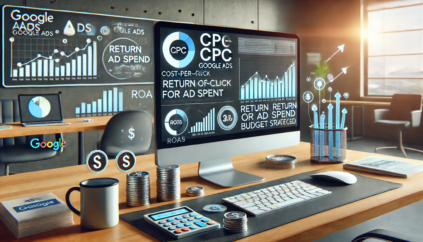 A digital marketing workspace with a computer screen showing budget management data for Google Ads, including cost-per-click, return on ad spend, and budget allocation.