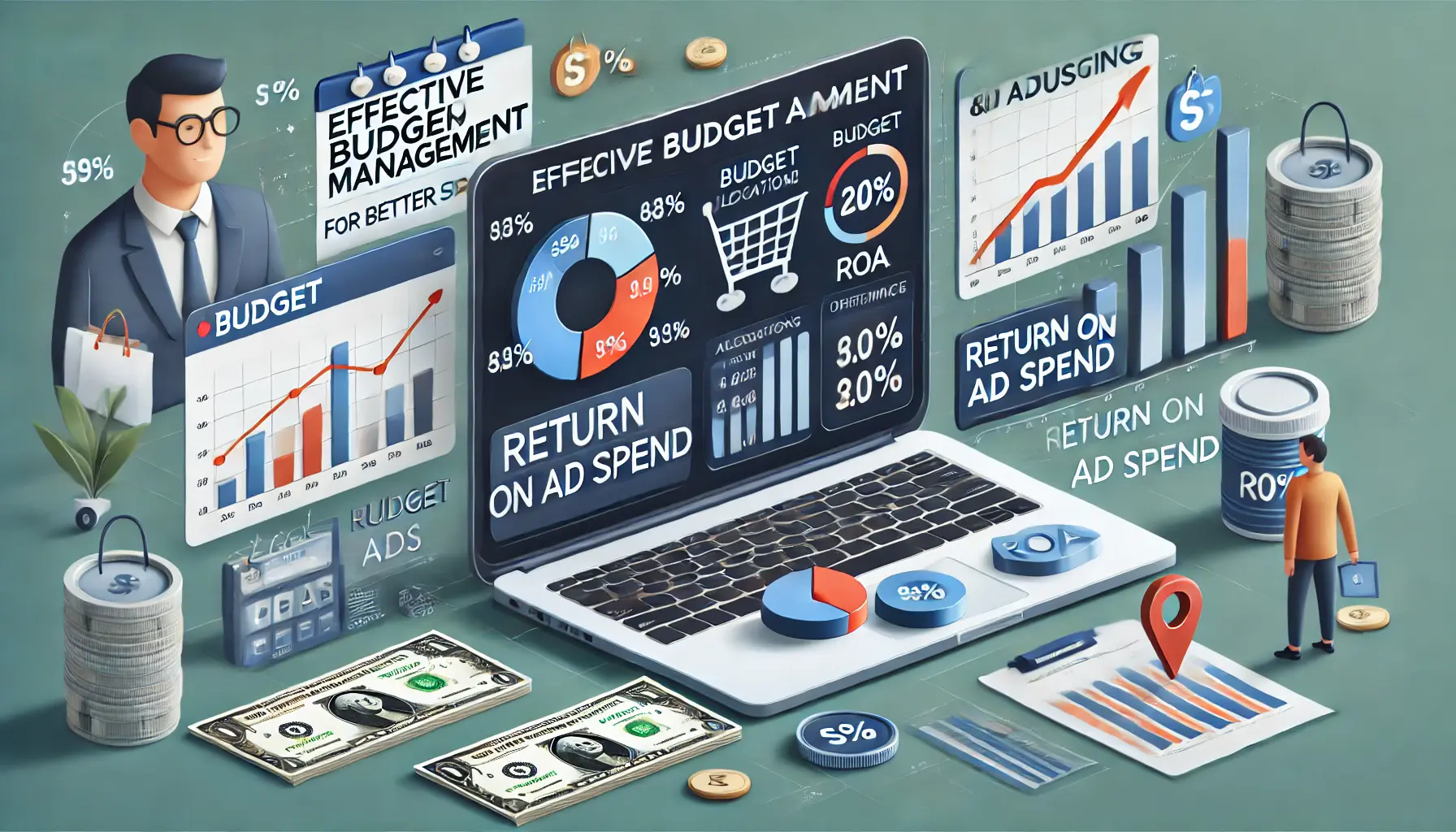 An image showing a financial dashboard with budget allocations, spending trends, and performance metrics for Shopping Ads, emphasizing the importance of tracking and adjusting ad budgets.