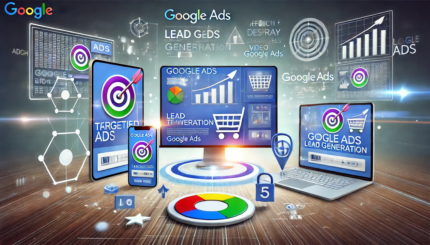 A digital marketing scene showing targeted ads on multiple devices, representing effective lead generation tactics in Google Ads across search, display, and video channels.