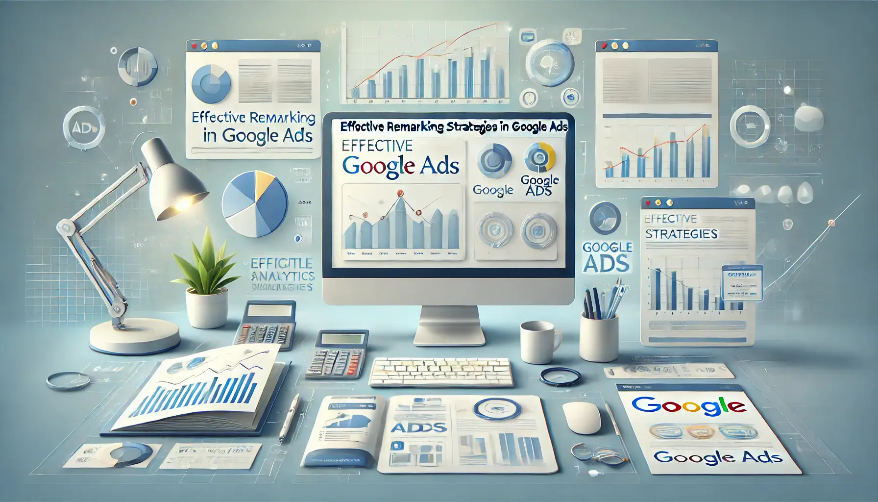 Digital marketing display with computer screens, ad placements, and data analytics graphs representing remarketing in Google Ads.