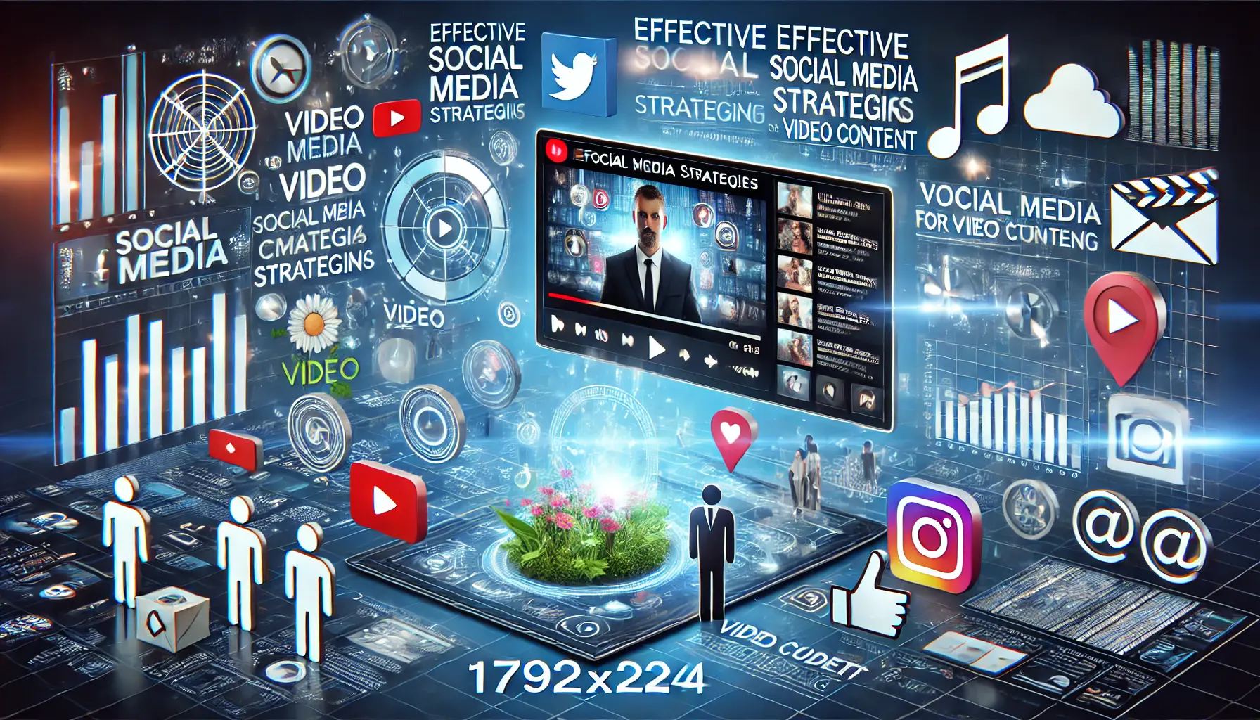 A digital scene showing social media icons, video thumbnails, and engagement metrics such as views, likes, and comments, representing video content strategies.