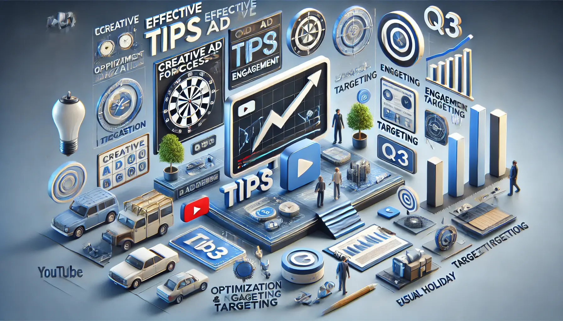 Image showing tips for success in Q3 YouTube Leaderboard ads with seasonal themes and optimization icons.