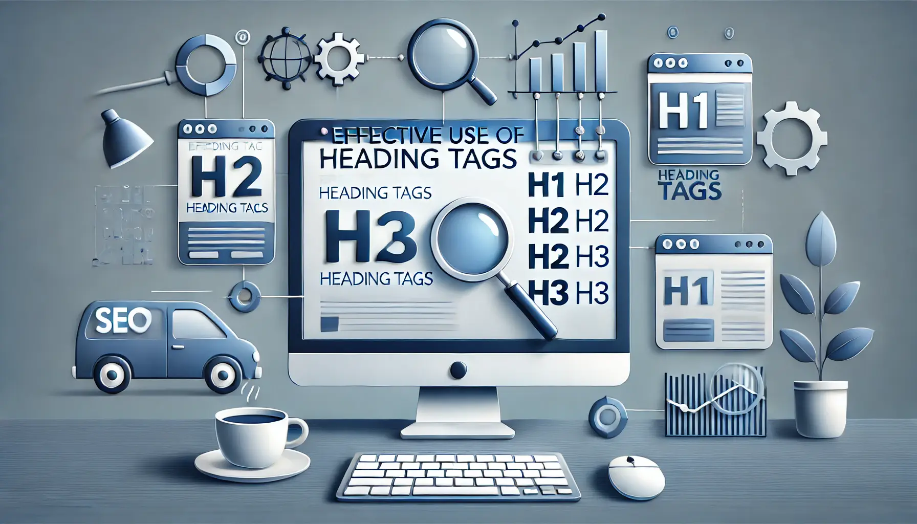 A computer screen displaying a webpage being structured with different heading tags (H1, H2, H3) for SEO optimization, with symbols like charts, magnifying glasses, and hierarchical structures.