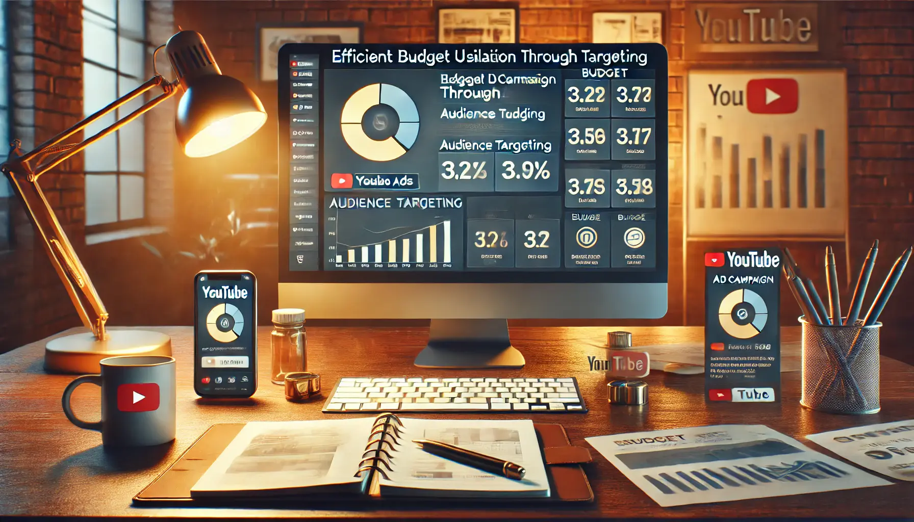 A realistic image of a workspace with a computer screen showing YouTube ad targeting and budget settings, symbolizing efficient budget utilization in YouTube ads.