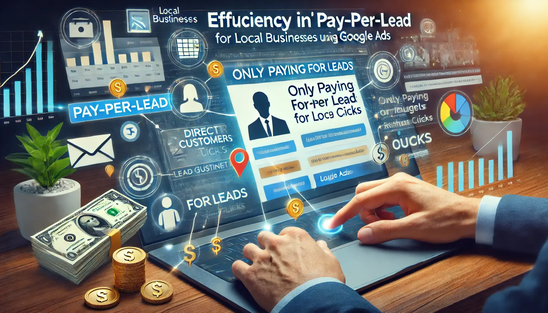 An image showing a business receiving customer leads through a digital dashboard with icons representing efficient budget management and lead generation tools, symbolizing the cost-efficiency of pay-per-lead.