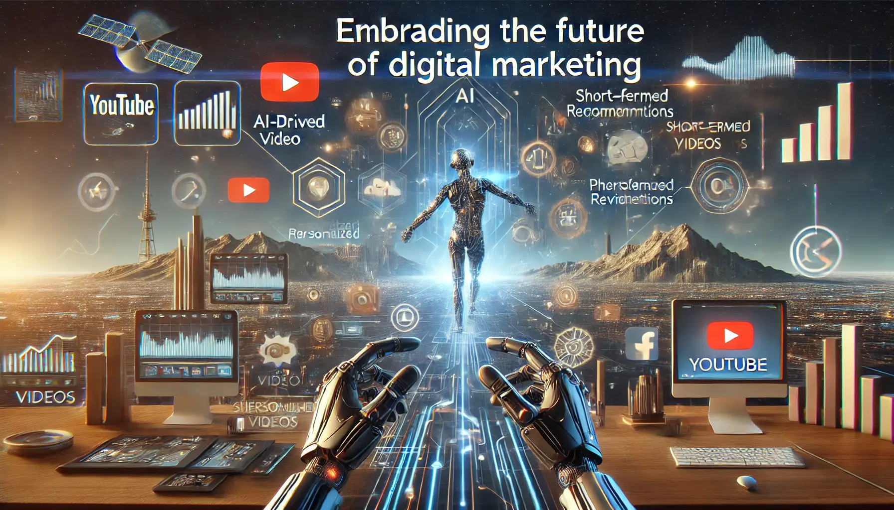 A futuristic digital landscape representing YouTube's trends with elements like AI-driven video content, personalized recommendations, and short-form videos.