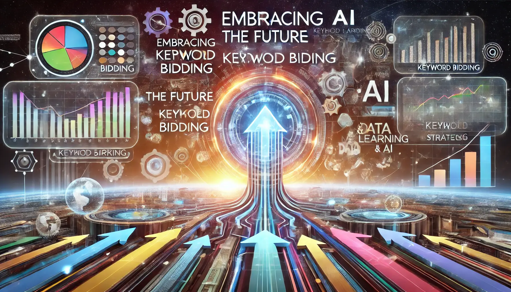 A forward-looking digital marketing illustration depicting the future of keyword bidding, featuring futuristic technology and AI elements.