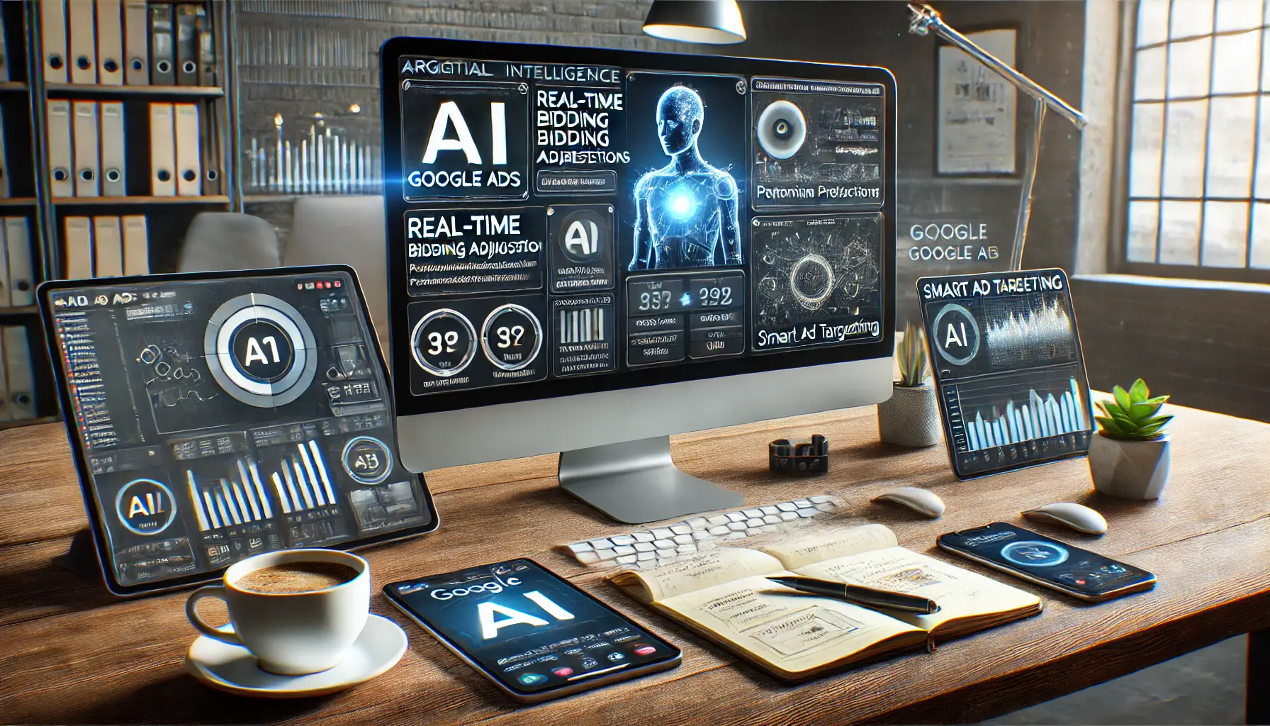 Digital marketing workspace with AI-powered analytics on a computer screen showing smart ad targeting and performance predictions, alongside a tablet and strategic items.