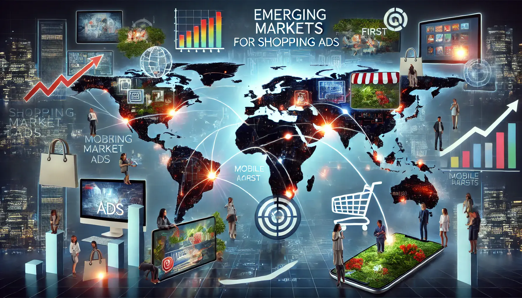 An image showing a global map with digital connections linking different regions, highlighting growth opportunities in emerging markets for Shopping Ads.