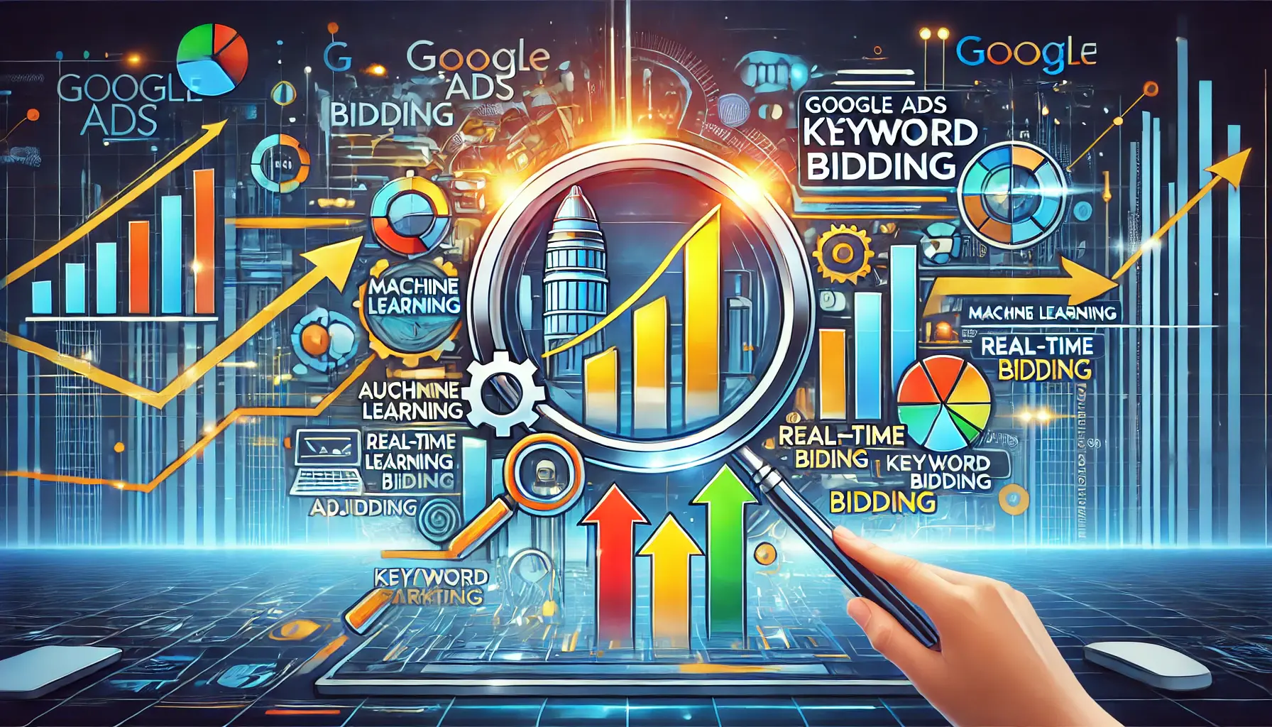 A dynamic digital marketing illustration showcasing emerging trends in Google Ads keyword bidding, featuring automation and machine learning elements.