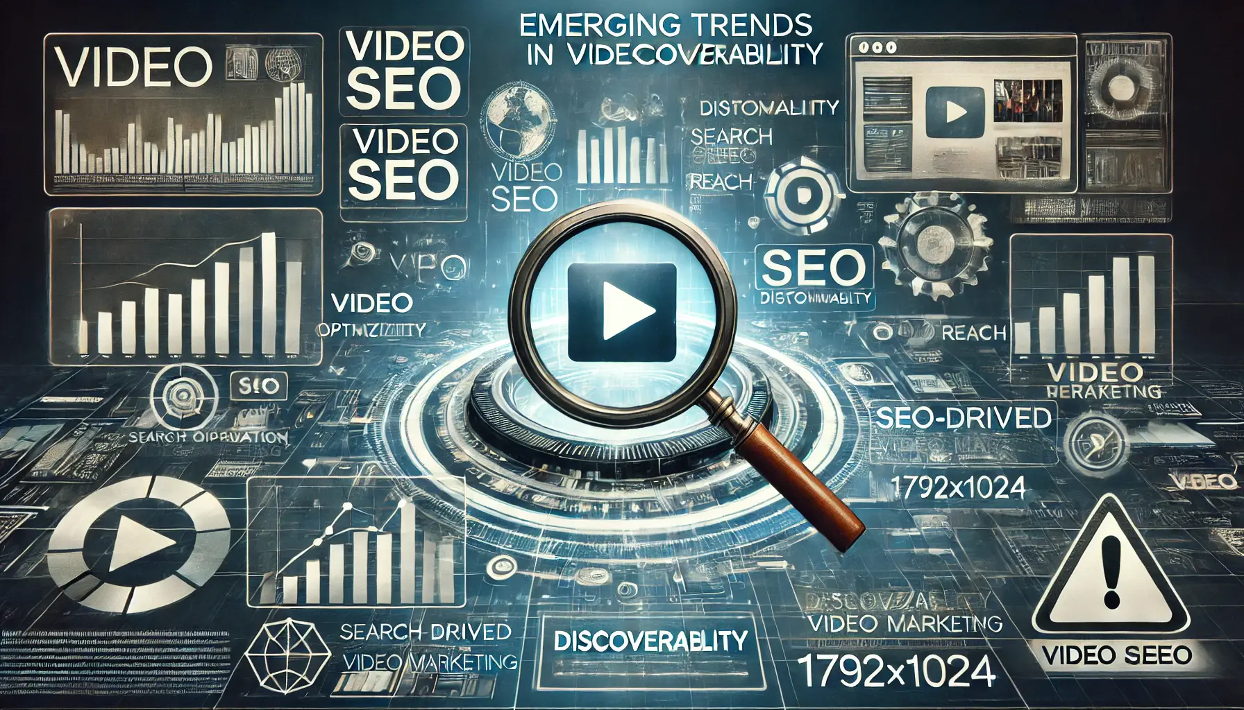 A digital interface showcasing analytics charts, search optimization icons, and video thumbnails in search results, highlighting trends in video SEO.