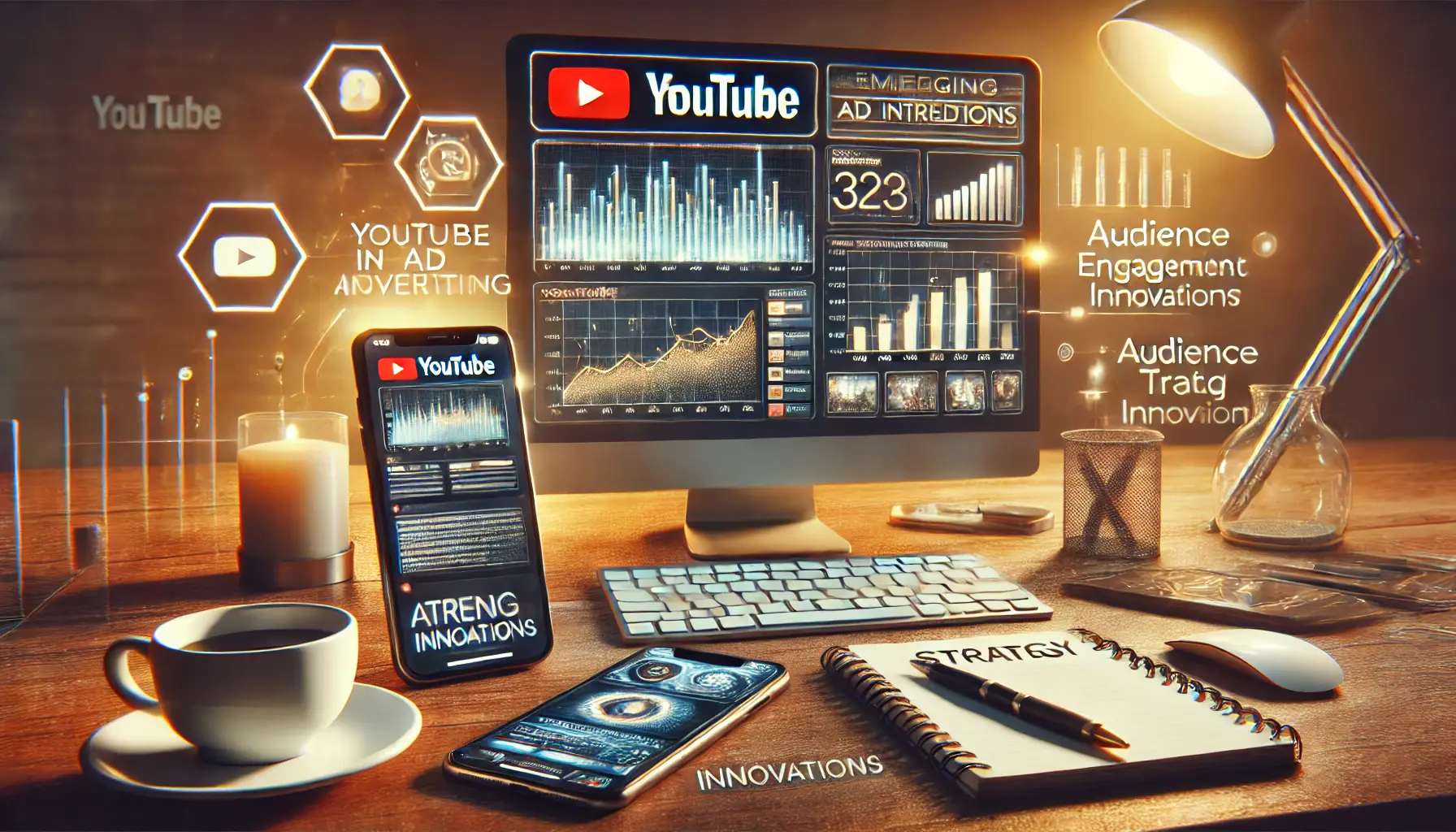 A realistic image of a workspace with a computer displaying YouTube advertising trend charts, symbolizing emerging trends in YouTube advertising.