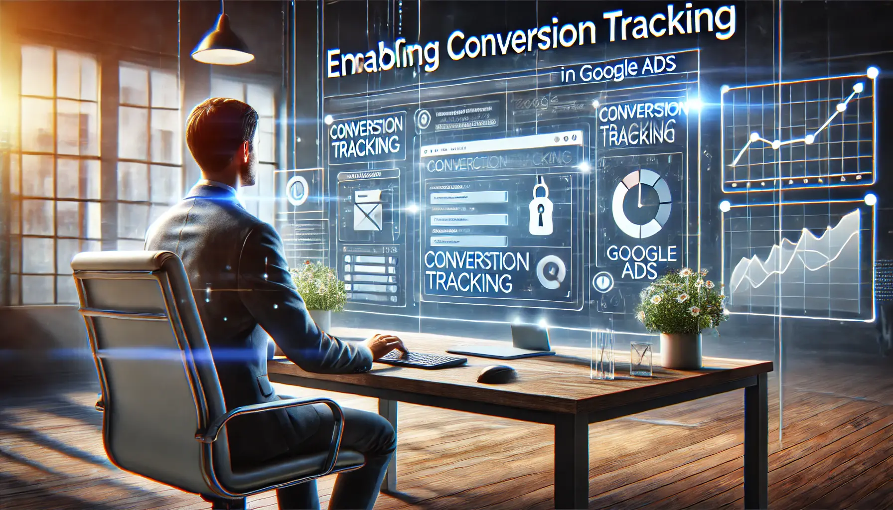 A digital marketing professional enabling conversion tracking in Google Ads on a computer.