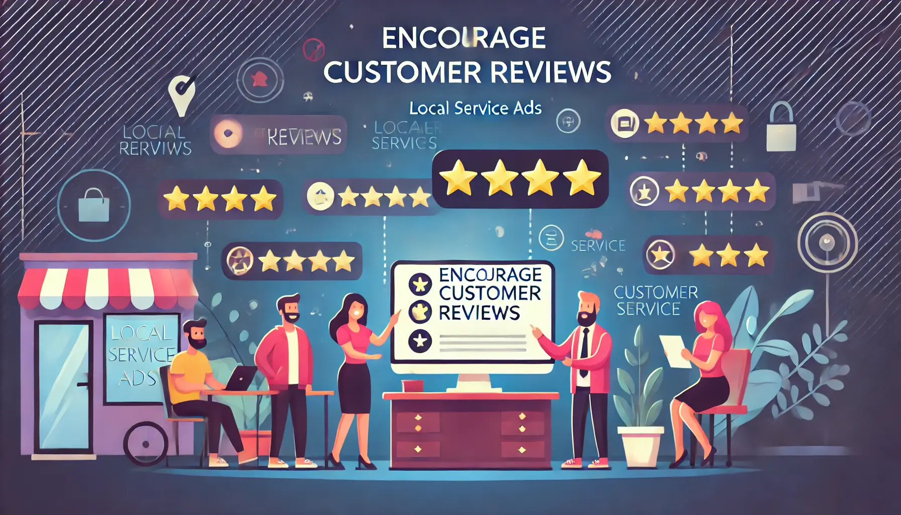 An image showing satisfied customers interacting with a business and leaving reviews, with icons like stars and ratings representing positive feedback and customer engagement.