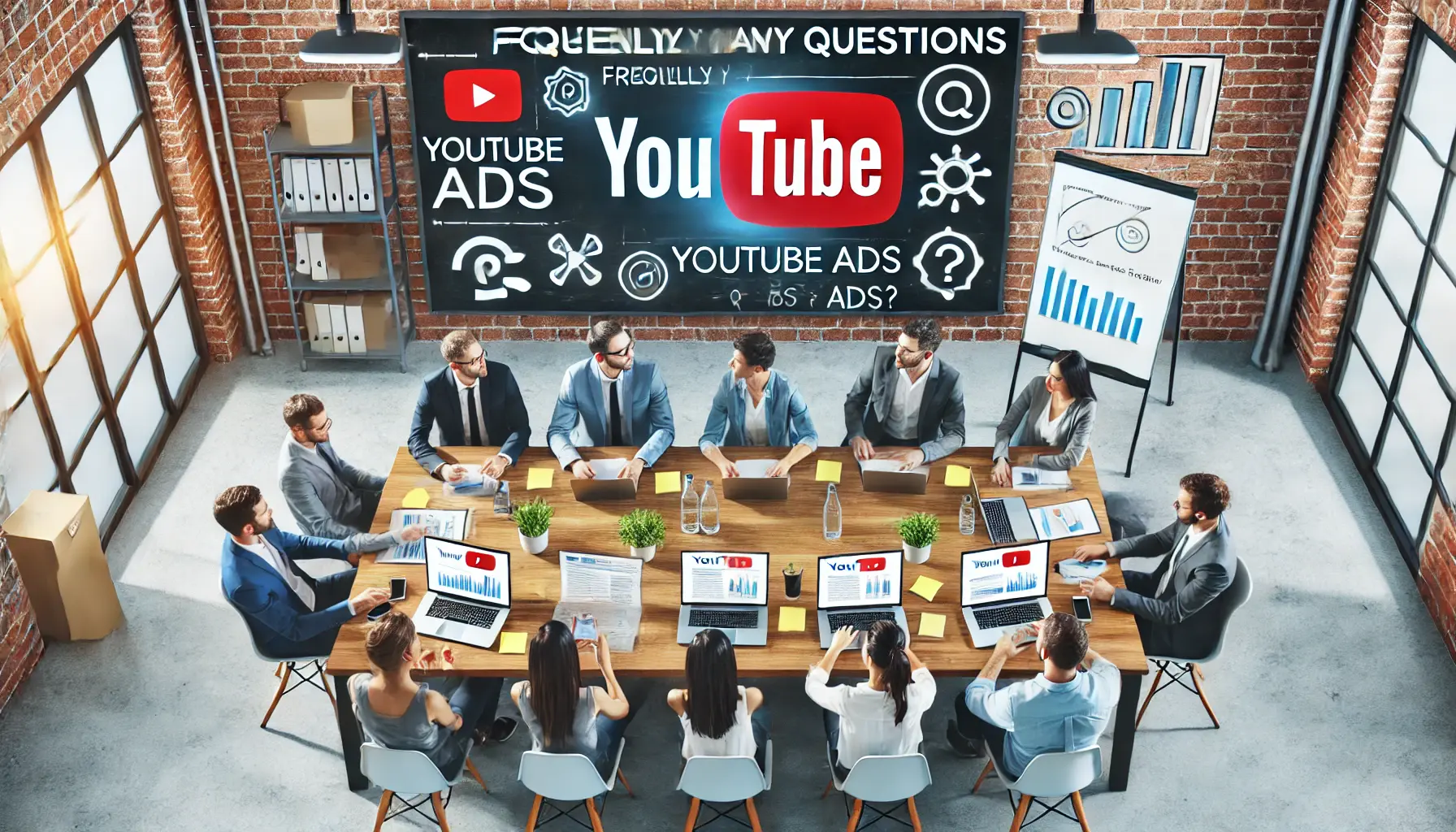 Digital marketing team discussing frequently asked questions about YouTube ads around a conference table in a modern office.