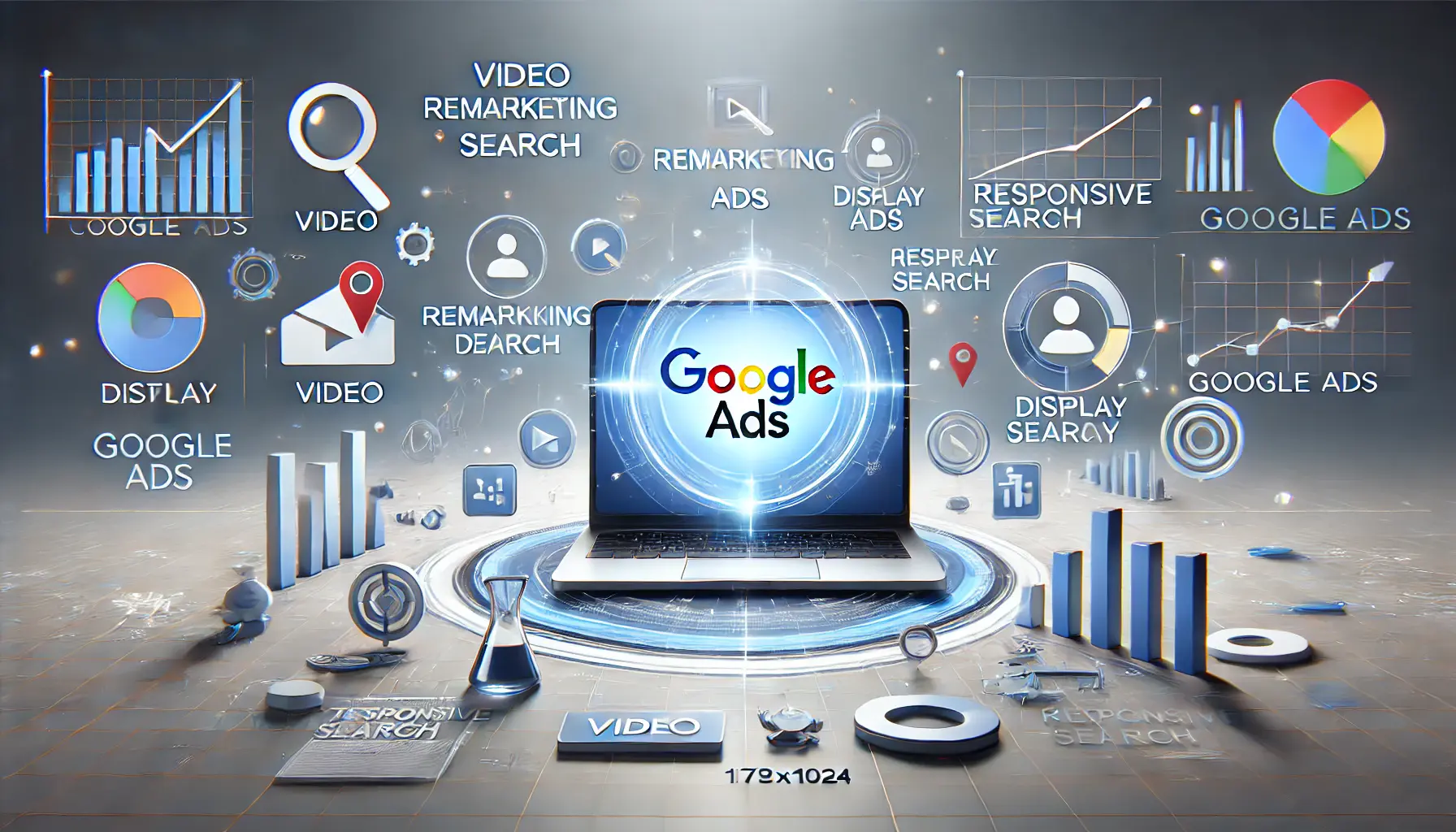 A digital marketing scene focusing on Google Ads strategies with icons for video, remarketing, display, and responsive search ads surrounding a laptop displaying a Google Ads dashboard.