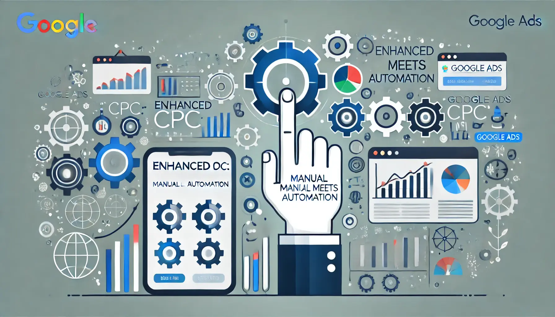 Visual representation of combining manual control with automation in bidding strategies, showing a hand adjusting settings alongside gears and automation symbols.