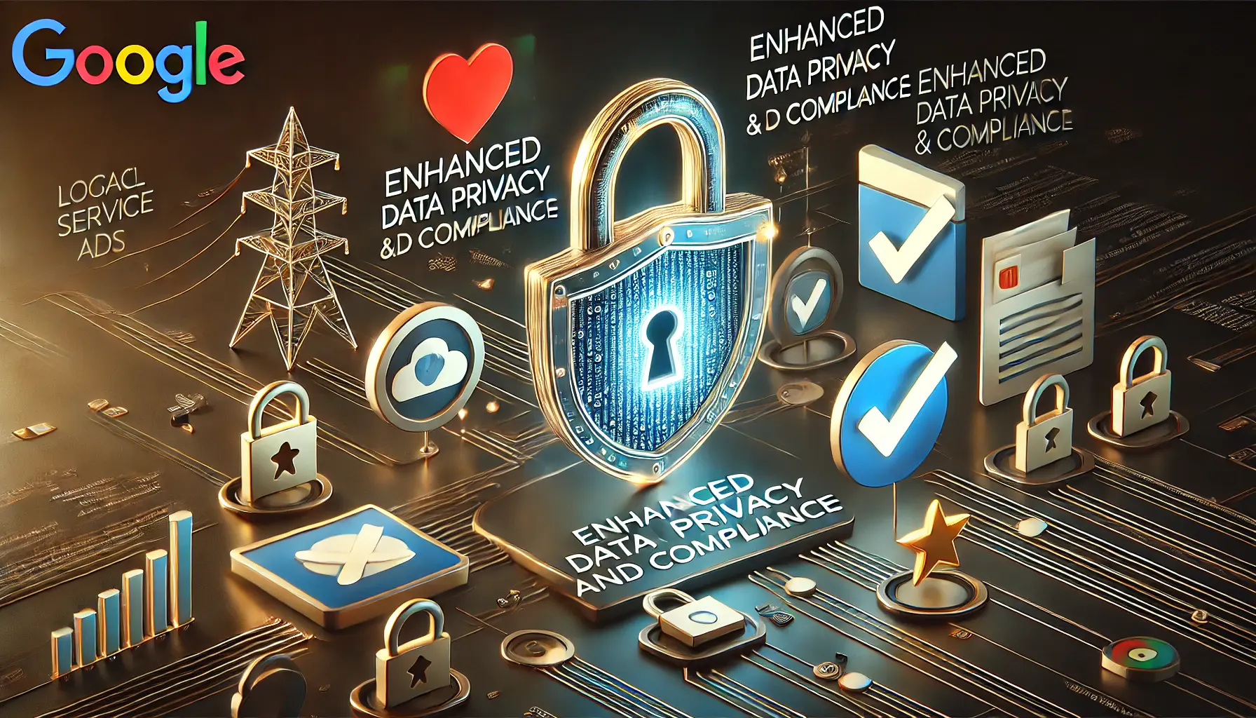 An image showing data protection symbols like a lock and shield, with secure digital interfaces and encrypted data flows representing privacy and compliance measures.