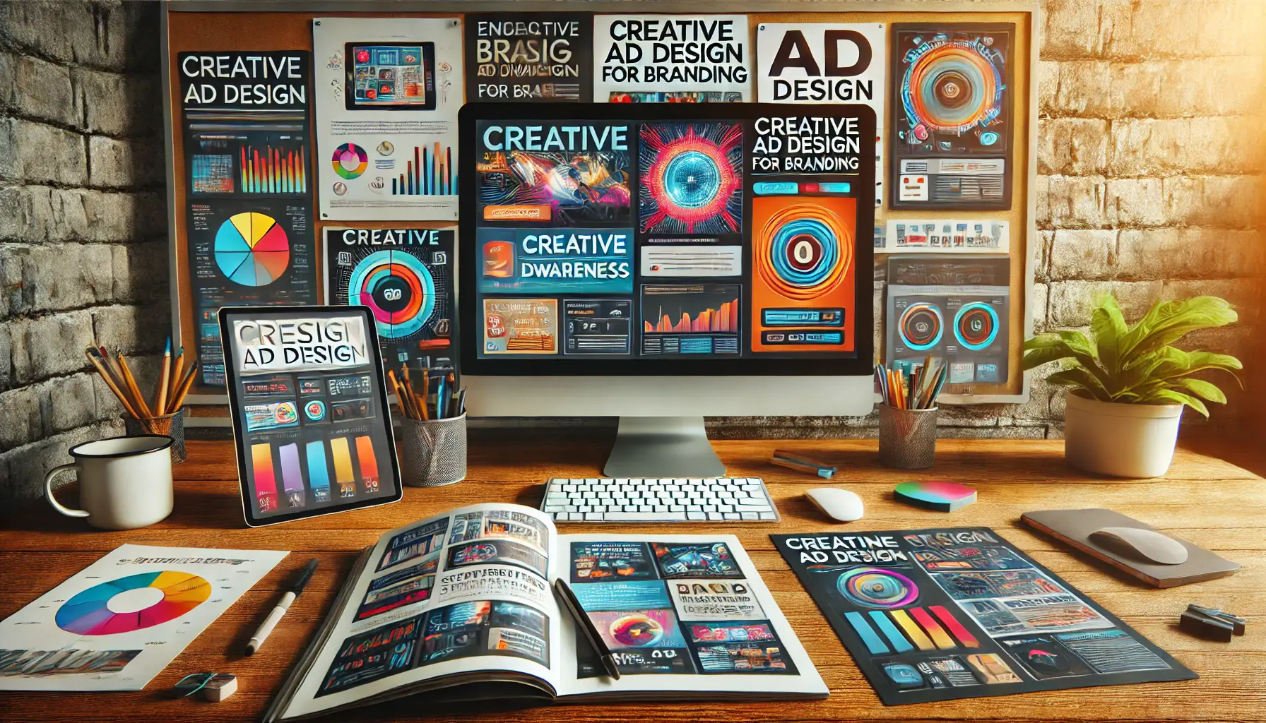 Creative digital marketing workspace featuring vibrant ad designs on a computer screen with design insights on a tablet, and branding strategy items.