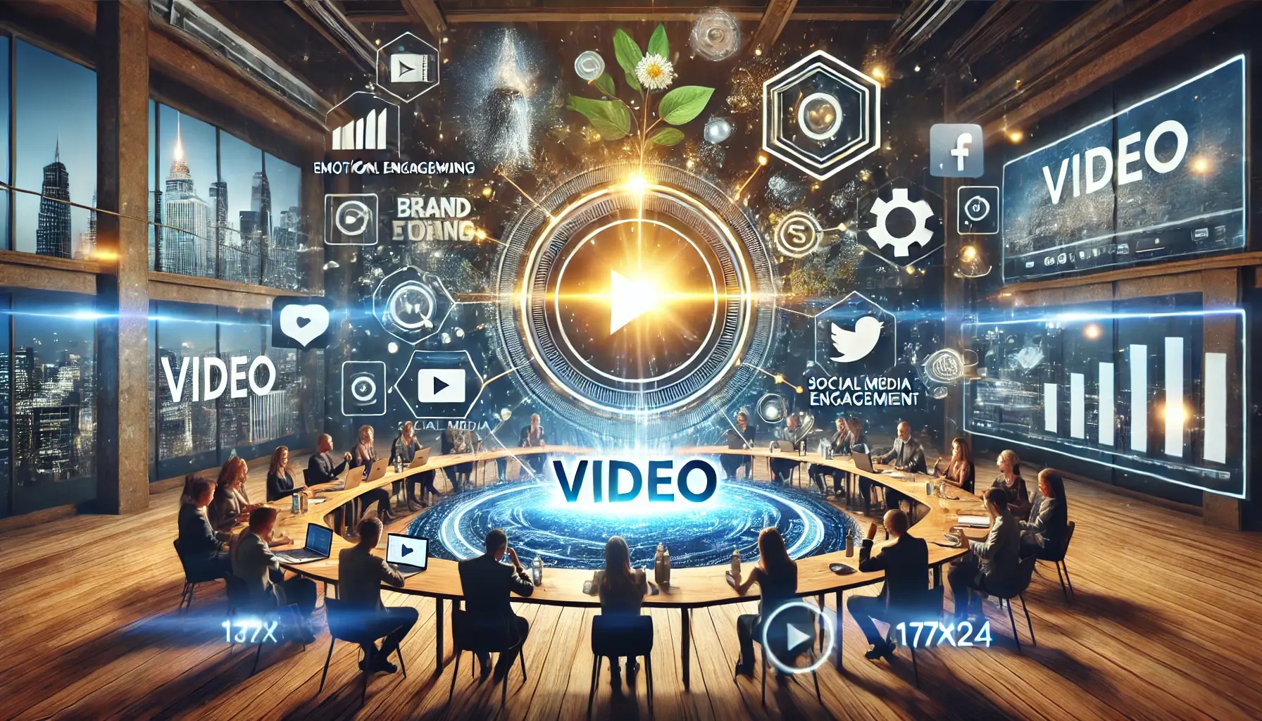 A digital scene showing brand storytelling through video content with emotional engagement, visuals representing brand identity, and viewers interacting with the video.