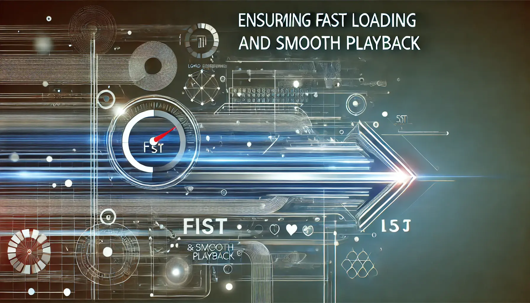 An image symbolizing fast loading and smooth playback in digital ads, with abstract visuals of progress bars and dynamic lines.