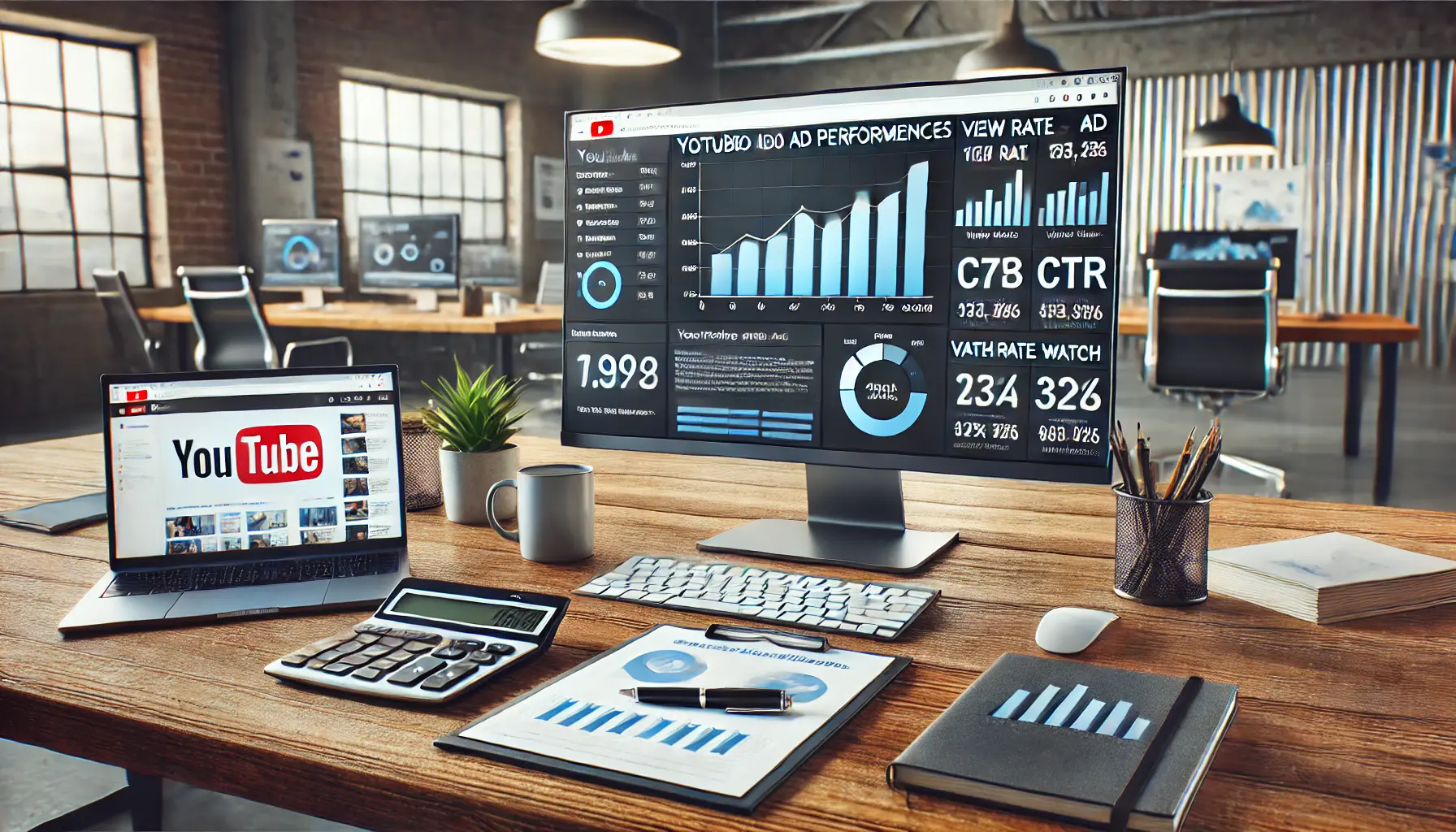 Marketer's workspace with computer screen showing YouTube ad performance metrics like view rate and CTR.