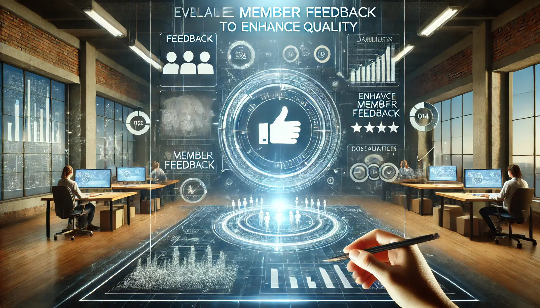 A digital environment where member feedback is gathered and analyzed, symbolized by feedback forms, graphs, and data analysis tools.