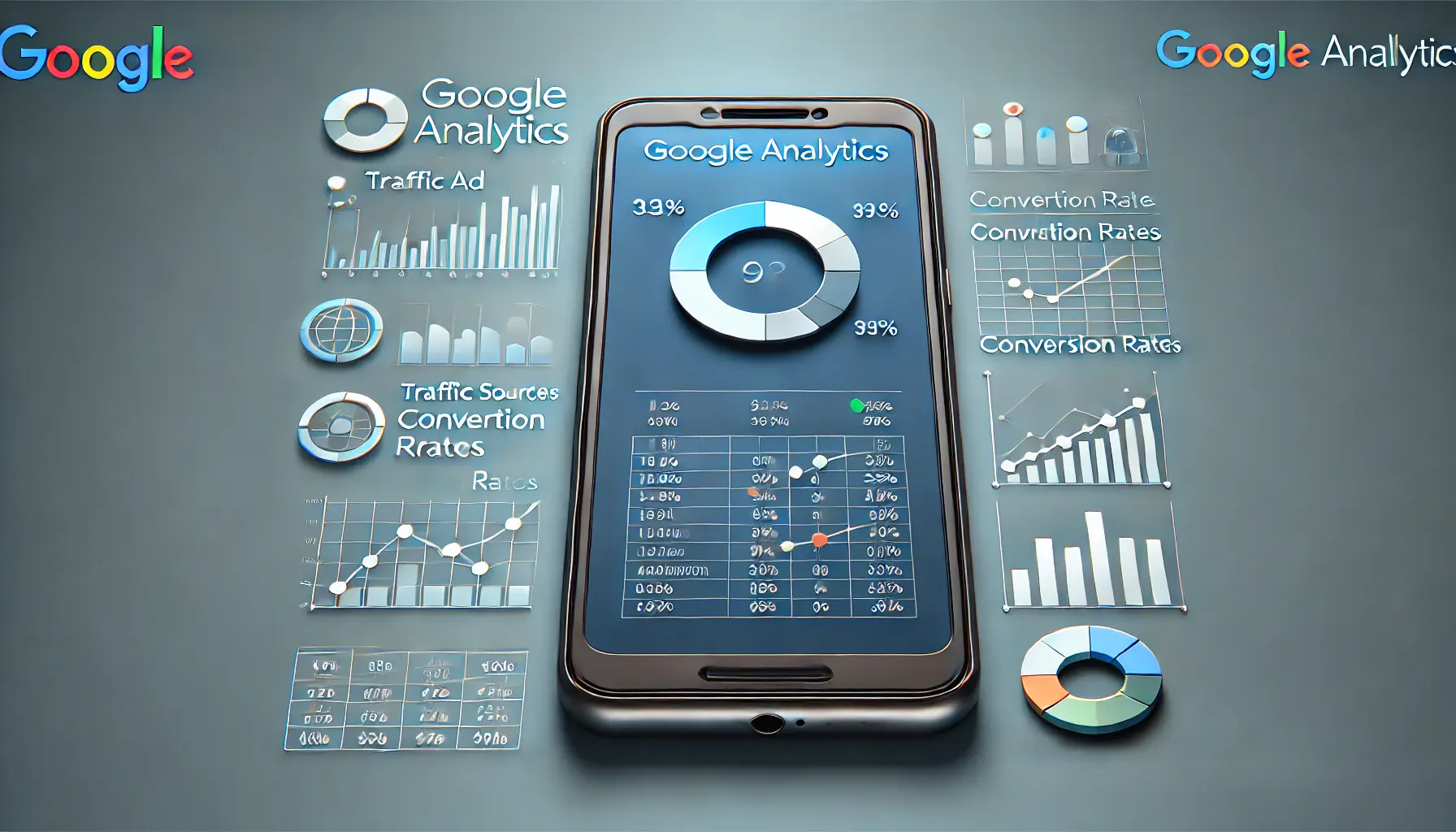 Smartphone displaying Google Analytics data such as traffic sources, conversion rates, and bounce rates, symbolizing mobile ad performance evaluation