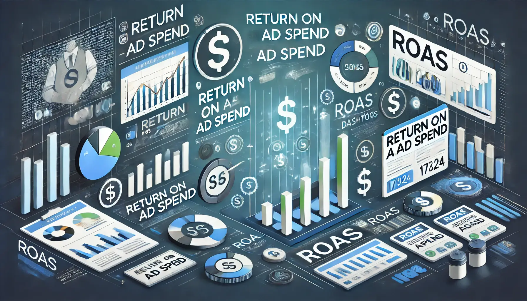 Visual representation of evaluating ROAS featuring dollar signs, bar graphs, and financial charts