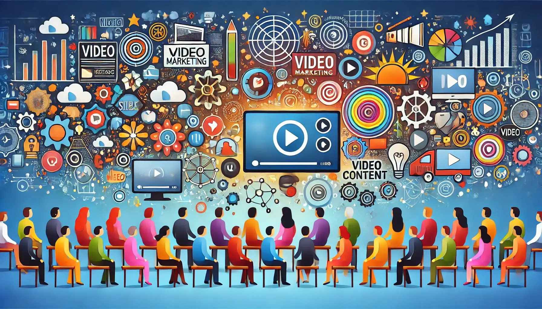 A vibrant digital scene showcasing diverse audiences in video marketing, with icons and devices representing different cultural, age, and interest groups.