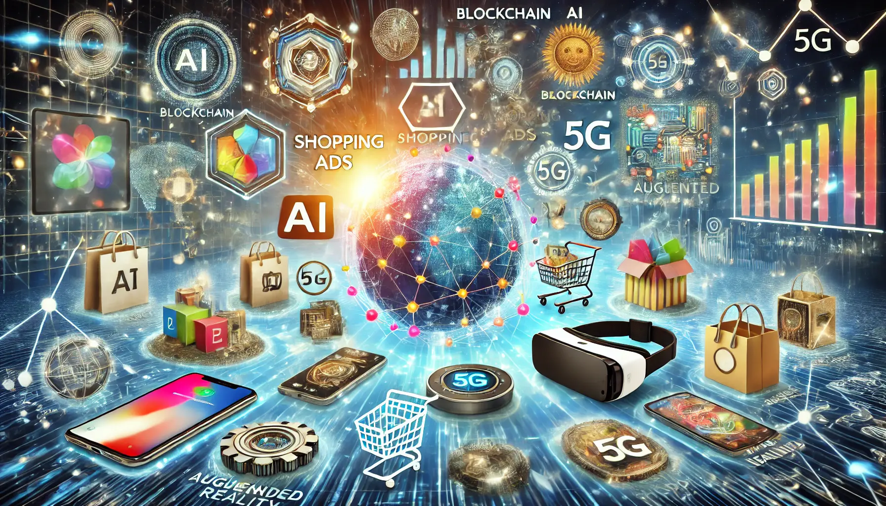 An image showing evolving technologies like AI, blockchain, augmented reality, and 5G impacting Shopping Ads, with product ads displayed on futuristic devices such as AR glasses and smart speakers.