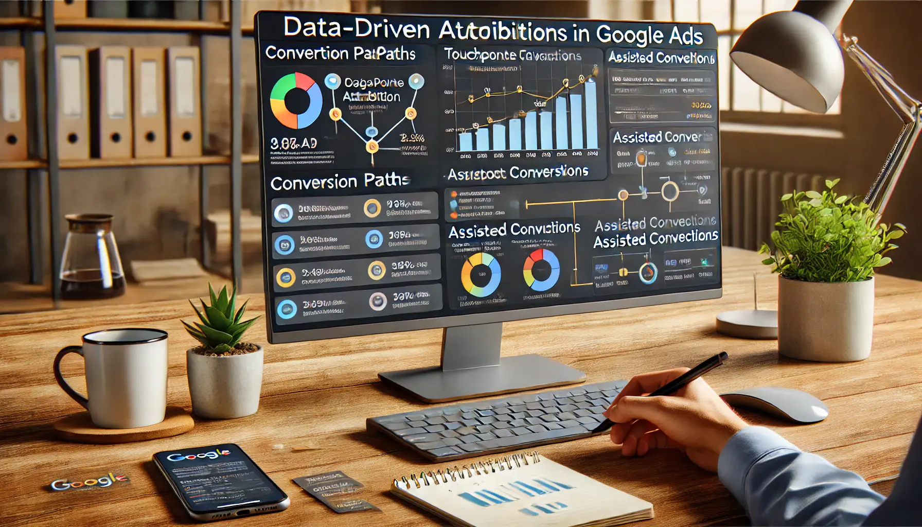 Digital marketer analyzing examples of data-driven attribution in Google Ads, with charts showing conversion paths and touchpoint interactions.