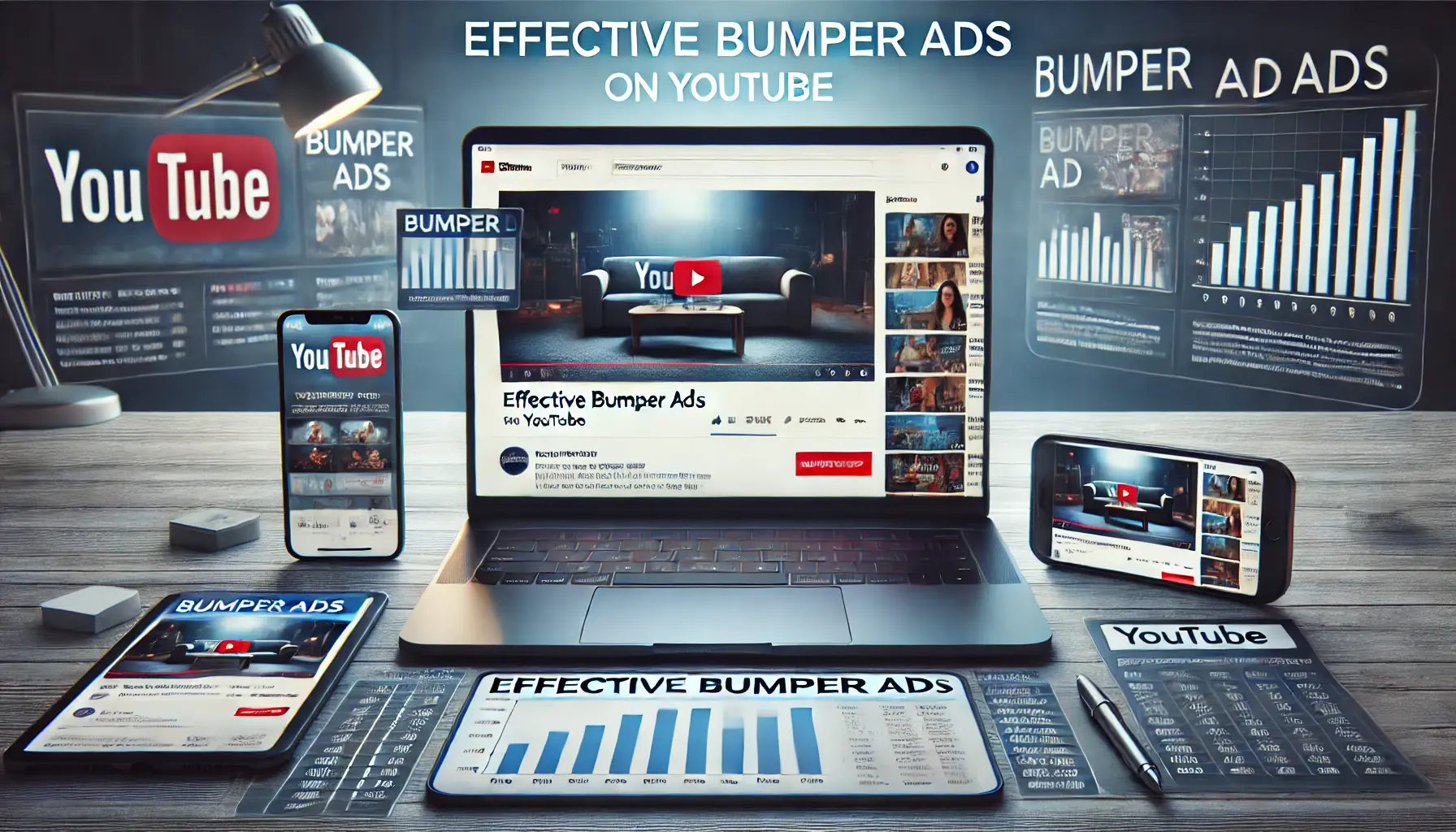 Laptop screen displaying a memorable YouTube bumper ad in a digital marketing workspace with additional devices showing campaign data.