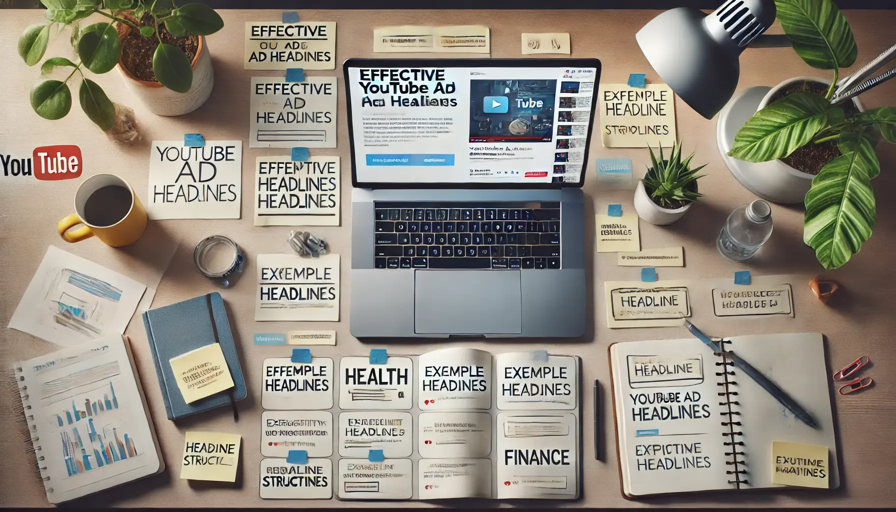 A workspace with a laptop displaying drafts of YouTube ad headlines, surrounded by example headlines for various industries.