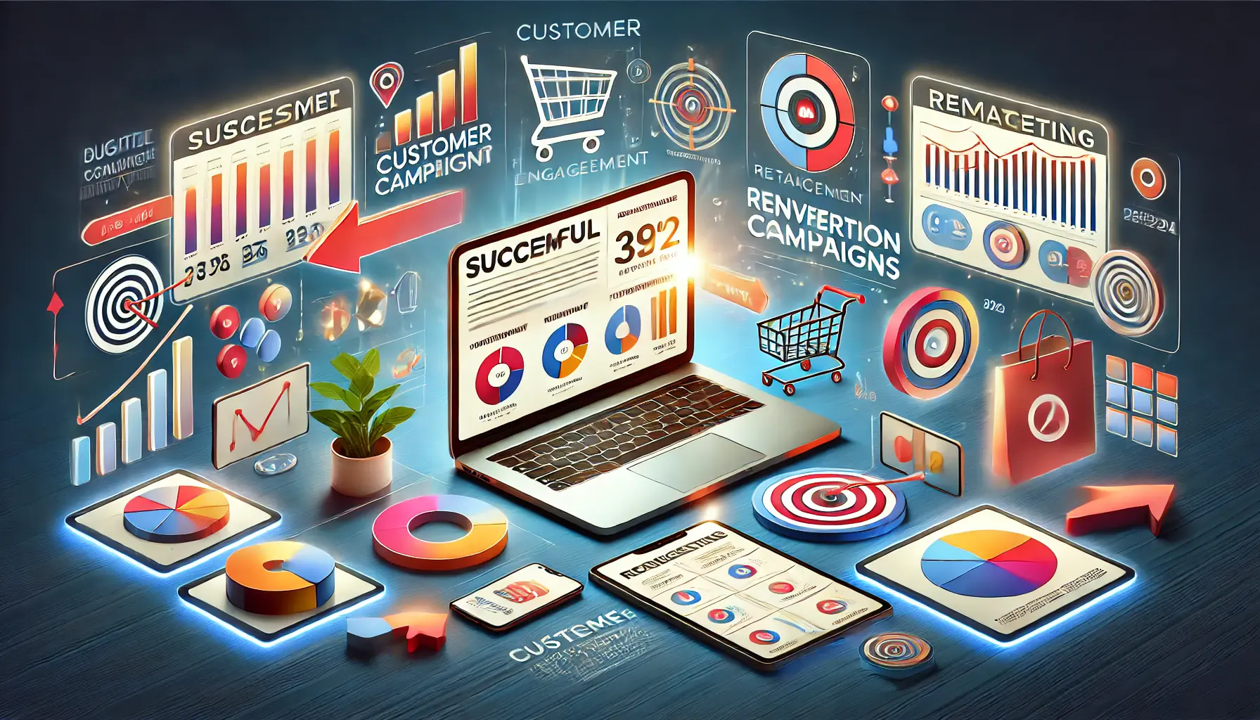 Digital marketing scene with a laptop displaying successful remarketing campaign results, surrounded by customer segments, retargeting arrows, and product ads on various devices.