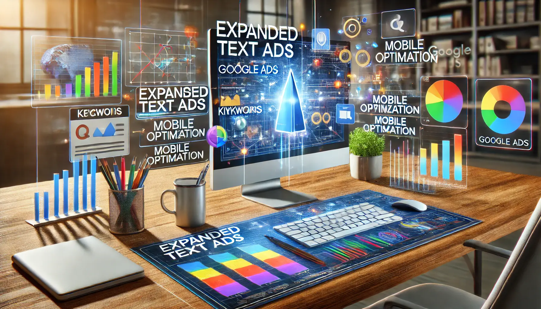 A visually engaging representation of digital advertising concepts related to Expanded Text Ads in Google Ads.