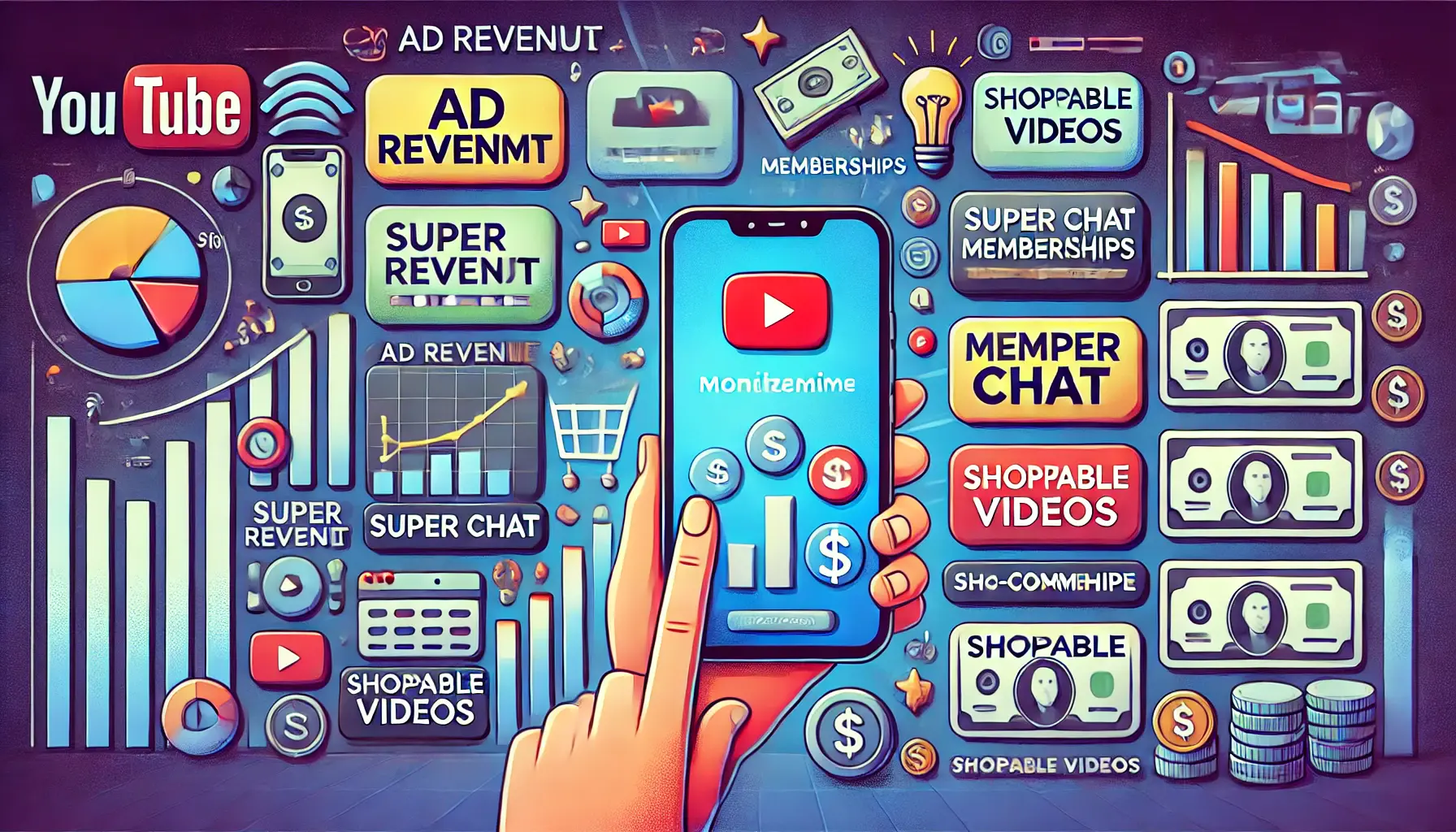 Smartphone displaying monetization icons like ad revenue, Super Chat, memberships, and shoppable videos