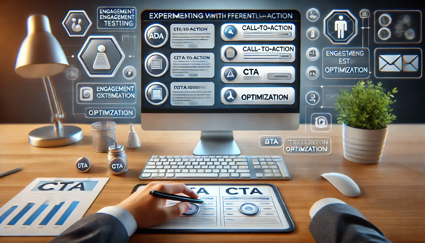 Workspace with a computer displaying an ad creation interface showing different CTA button styles and placements, surrounded by icons for engagement and testing.