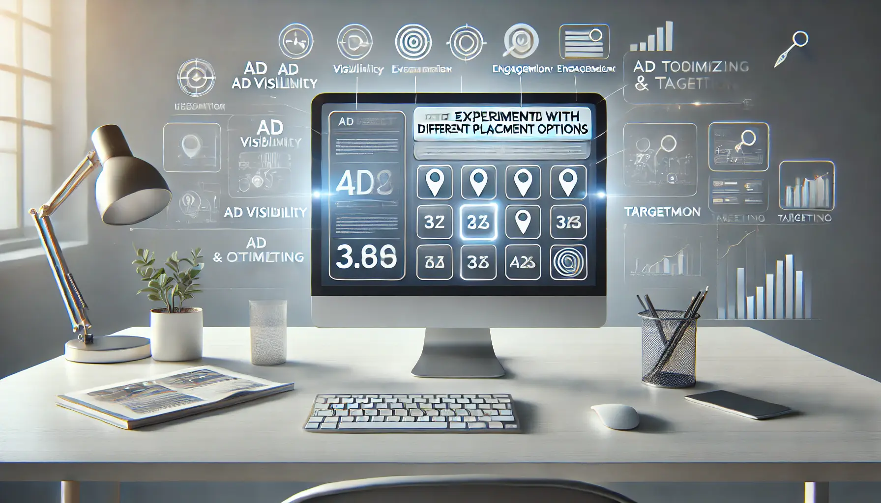 Workspace with a computer displaying an ad analytics platform highlighting various placement options, surrounded by icons of visibility and engagement.