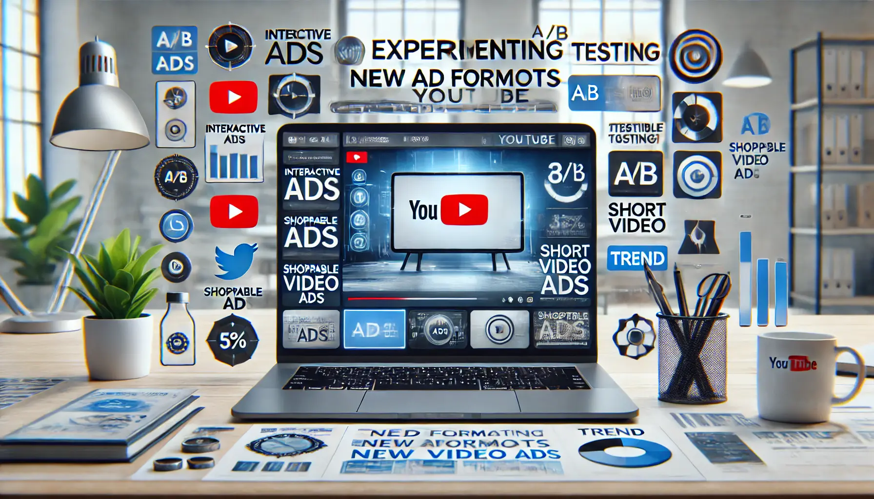 Image showing a digital workspace with options for interactive ads, shoppable ads, and short video formats to test new ad strategies.