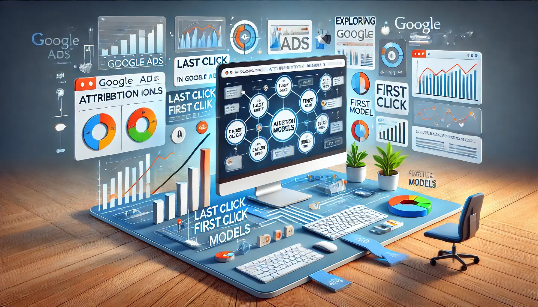 Image depicting a digital workspace with a computer showing different attribution models in Google Ads, including flow diagrams and charts.