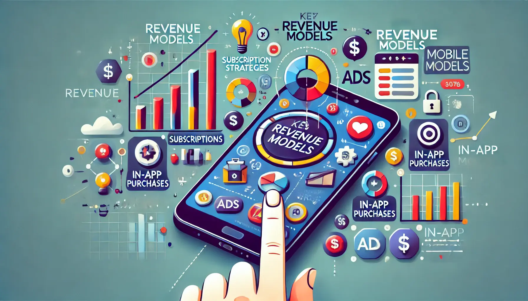 Digital illustration of a mobile device displaying elements representing various monetization strategies, such as subscriptions, in-app purchases, and ads.