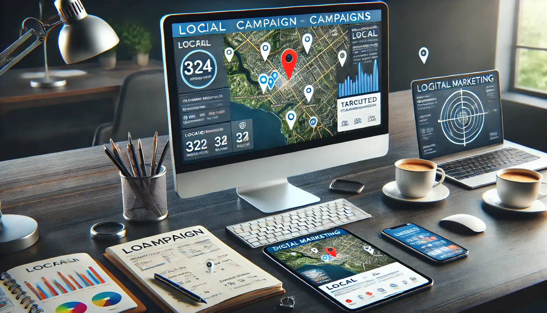 Digital marketing workspace with a computer showing location-based targeting for local campaigns, a tablet with performance metrics, and other marketing tools.