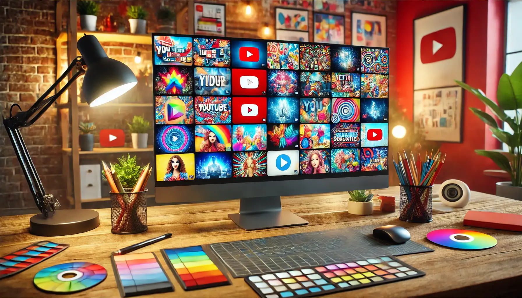 Vibrant display of various YouTube video thumbnails on a screen, highlighting different styles and designs in a creative workspace.