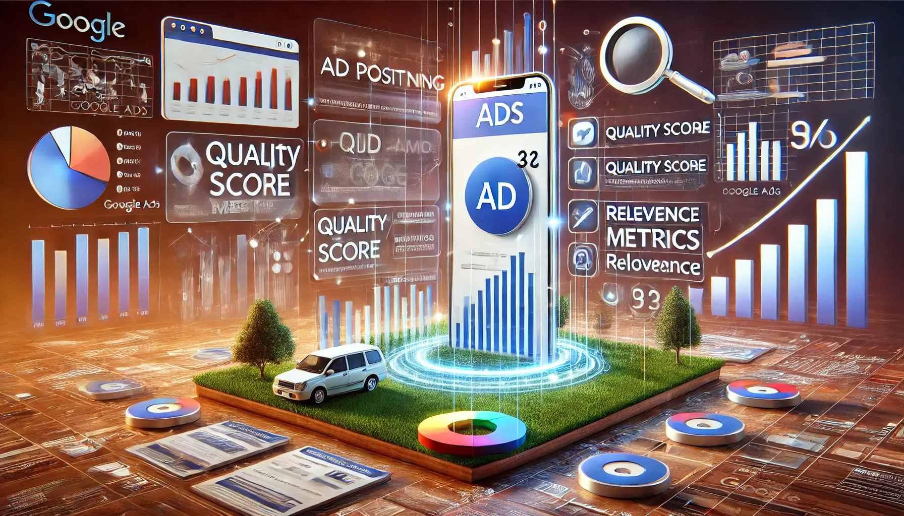 A visually engaging illustration depicting the factors affecting ad positioning in Google Ads, showcasing a search engine results page (SERP) with multiple ads and visual representations of bid amounts, quality scores, and relevance indicators.