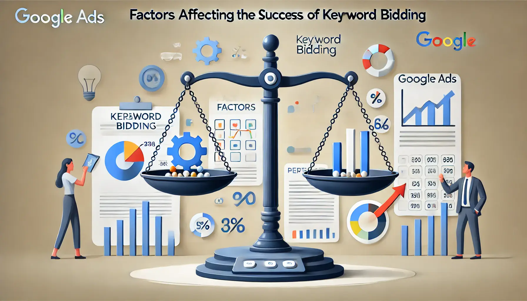 Visual representation of various factors influencing keyword bidding success, featuring a balance scale, performance metrics, and arrows pointing towards successful outcomes.