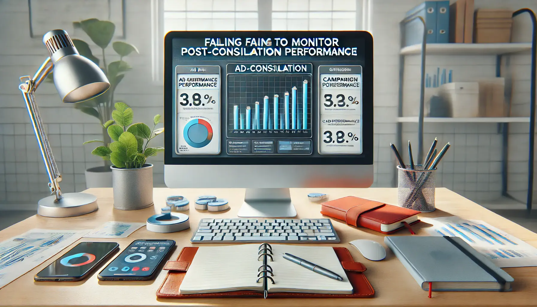 A digital marketing workspace with a computer showing an outdated ad performance dashboard, symbolizing the issue of failing to monitor post-consolidation performance.