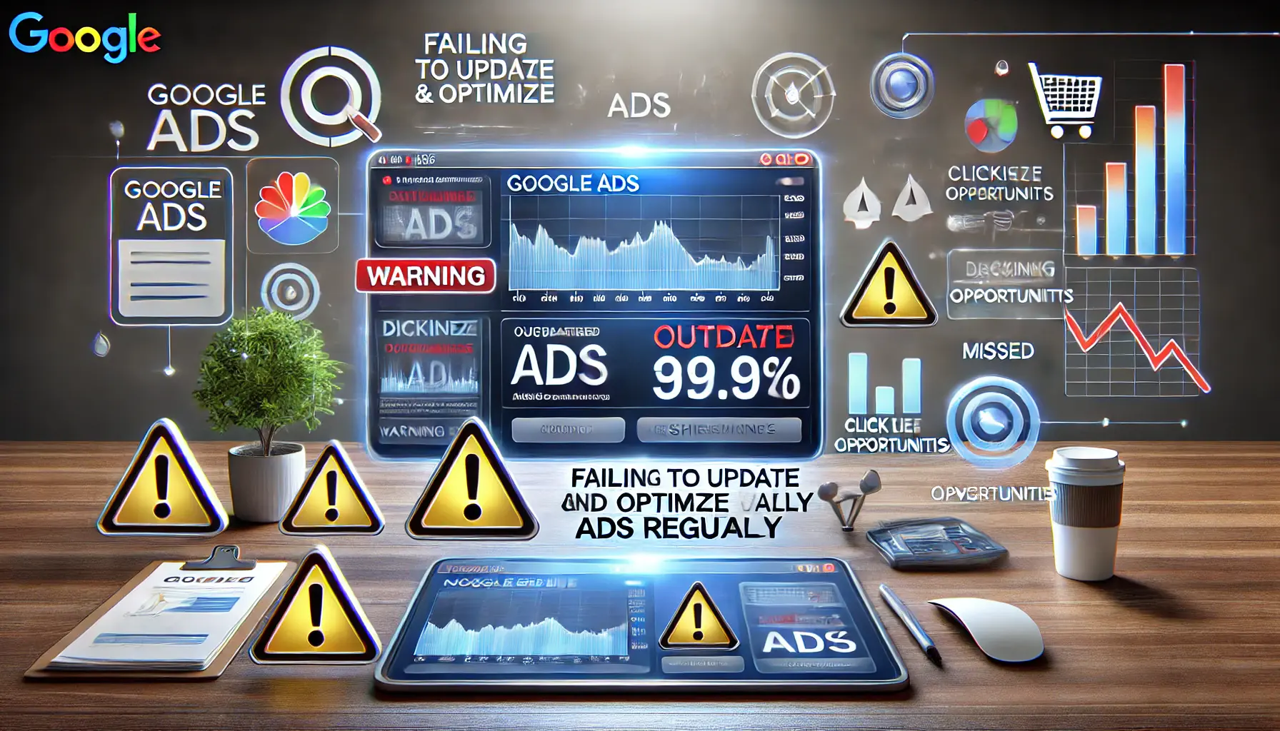 A Google Ads dashboard showing outdated ads and declining performance metrics like click-through rates and conversions, with warning icons highlighting the consequences of not updating ads. Abstract symbols surrounding the dashboard represent stagnation and missed opportunities.