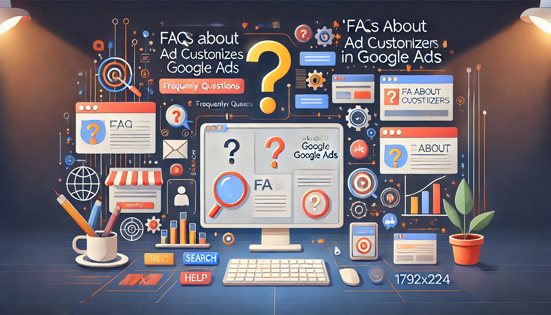 A digital workspace showcasing visuals for frequently asked questions, including question mark icons and interactive elements like chatbots.