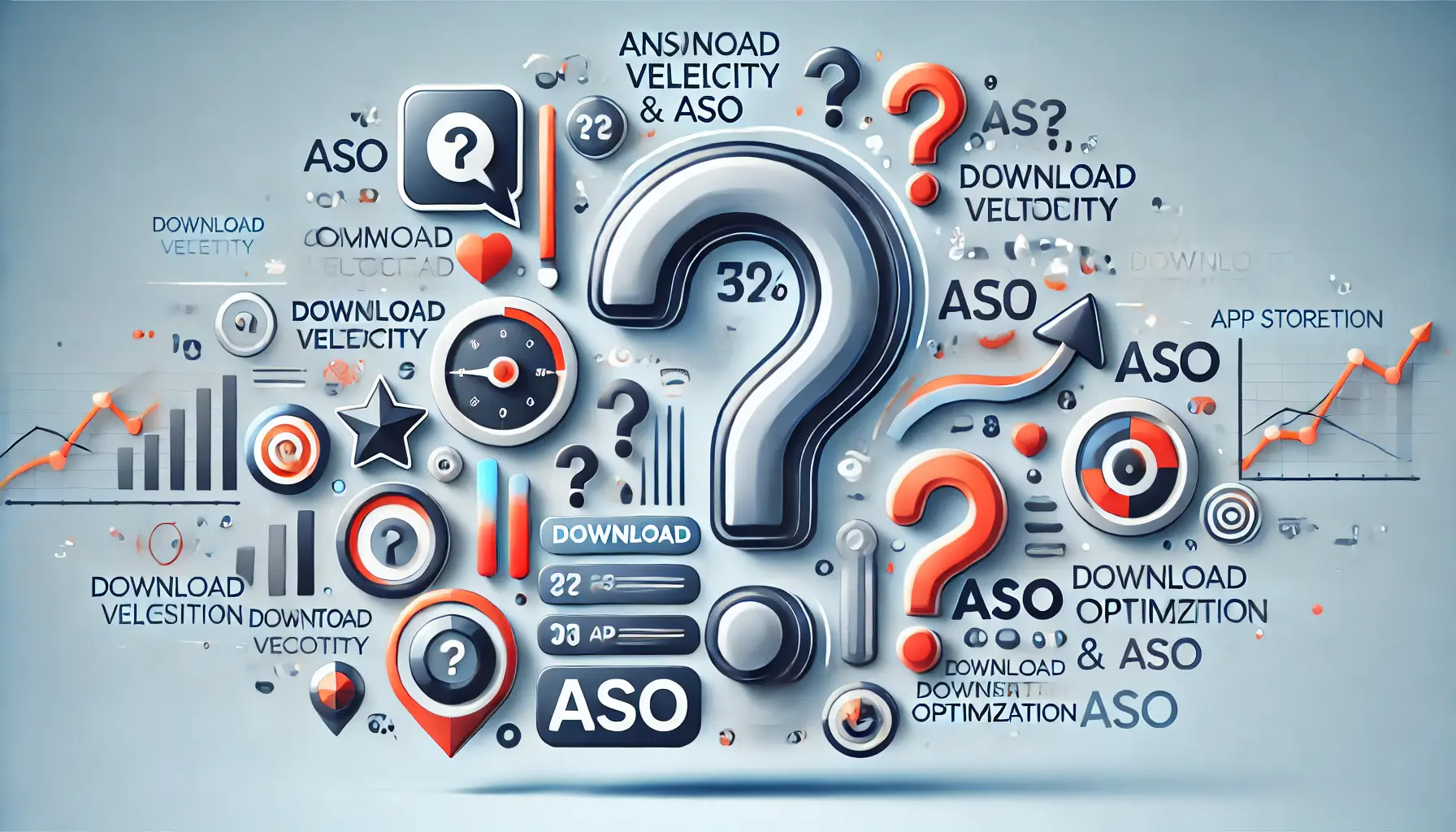 Abstract visualization representing frequently asked questions about download velocity and ASO, featuring app icons and digital metrics.